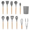 11Pcs Silicone Cooking Utensil Set Heat Resist Wooden Handle Silicone Spatula Turner Ladle Spaghetti Server Tongs - Grey [H7X1LJ]