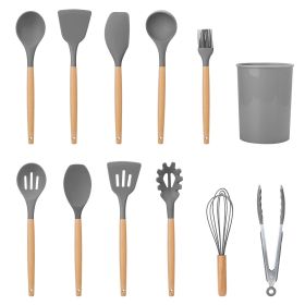 11Pcs Silicone Cooking Utensil Set Heat Resist Wooden Handle Silicone Spatula Turner Ladle Spaghetti Server Tongs - Grey [H7X1LJ]