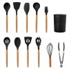 11Pcs Silicone Cooking Utensil Set Heat Resist Wooden Handle Silicone Spatula Turner Ladle Spaghetti Server Tongs - black [H7X1LP]