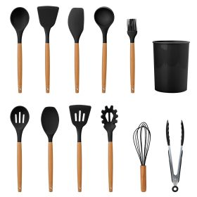 11Pcs Silicone Cooking Utensil Set Heat Resist Wooden Handle Silicone Spatula Turner Ladle Spaghetti Server Tongs - black [H7X1LP]