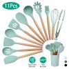 11Pcs Silicone Cooking Utensil Set Heat Resist Wooden Handle Silicone Spatula Turner Ladle Spaghetti Server Tongs - LightGreen [H7X1QT]