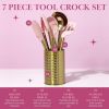 Kitchen Set Tool Crock with Silicone Cooking Utensils, Stainless Steel Whisk and Ladle, 7-Piece, Pink and Gold