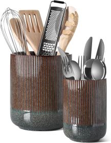 Utensil Holder for Kitchen Counter, 7.3"+5.4" Fluted Ceramic Utensil Crock Organizer for Countertop, Heavy Large Holder for - Ceramic [7E7GC8]