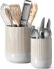 Utensil Holder for Kitchen Counter, 7.3"+5.4" Fluted Ceramic Utensil Crock Organizer for Countertop, Heavy Large Holder for - Ceramic - 7E7GL8