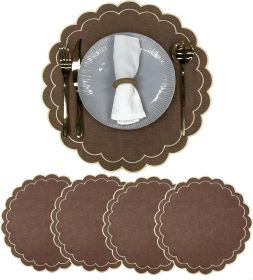 Linen Cotton Placemats Set of 4 Scalloped Flower Embroidery Place Mats 15'' Natural Linen - Cotton - 7EX79P