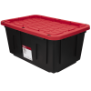 (6 pack) 27 Gallon Large Storage Bin with Snap Lid, Black and Red, Heavy Duty Plastic Storage Container