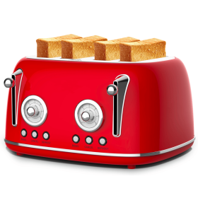 4-piece vintage-style toaster with red dual-control oven, 4×1.5-inch slots, anti-clogging design, 6-batch temperature adjustment