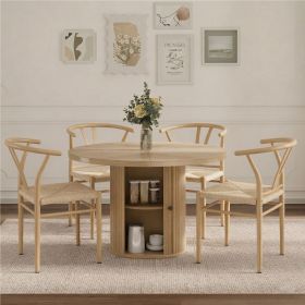4-piece set of wooden color woven dining chairs, including a 47.2-inch round Roman column table with storage function