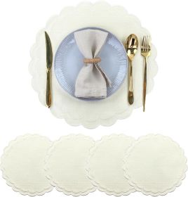Linen Cotton Placemats Set of 4 Scalloped Flower Embroidery Place Mats 15'' Natural Linen Texture Fabric Machine Washable - Cotton [7RD6DP]