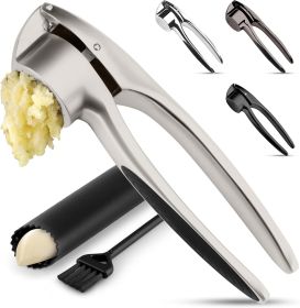 Kitchen Premium Garlic Press Set – Rust Proof & Dishwasher Safe Garlic Mincer Tool with Silicone Garlic Peeler & Brush, Easy - Stainless [7RDUF6]