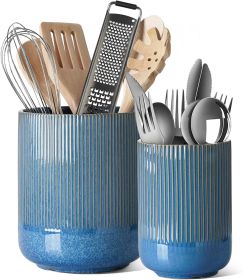 Utensil Holder for Kitchen Counter, 7.3"+5.4" Fluted Ceramic Utensil Crock Organizer for Countertop, Heavy Large Holder for - Ceramic [7RM1AJ]