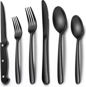 24-Piece Black Silverware Set with Steak Knives, Black Flatware Set for 4, Food-Grade Stainless Steel Tableware Cutlery Set - Stainless Steel [7RMH16]