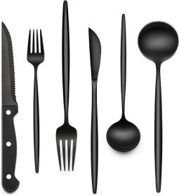 24-Piece Black Silverware Set with Steak Knives, Black Flatware Set for 4, Food-Grade - Stainless Steel - 7RMH6P