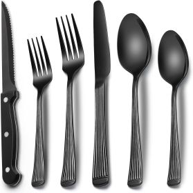 24-Piece Black Silverware Set with Steak Knives, Black Flatware Set for 4, Food-Grade - Stainless Steel - 7RMH8T