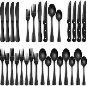 24-Piece Black Silverware Set with Steak Knives, Black Flatware Set for 4, Food-Grade - Stainless Steel - 7RMHBJ