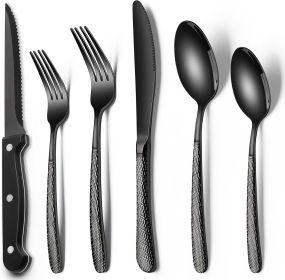 24-Piece Black Silverware Set with Steak Knives, Black Flatware Set for 4, Food-Grade - Stainless Steel - 7RMHWJ