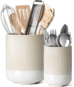 Utensil Holder for Kitchen Counter, 7.3"+5.4" Fluted Ceramic Utensil Crock Organizer for - Ceramic - 7RZ0VJ