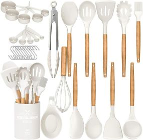 Chef Kitchen Cooking Utensils Set, 33 pcs Non-stick Silicone Cooking Kitchen Utensils Spatula Set with Holder, Wooden Handle