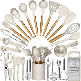 Chef Silicone Kitchen Utensil Set, 34PCS Heat Resistant Kitchen Gadgets and Tools With Grater, Wood Handles for Nonstick Cookware [7RZIB6]