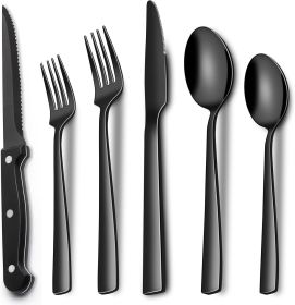 24-Piece Black Silverware Set with Steak Knives, Black Flatware Set for 4, Food-Grade - Stainless Steel - 7RZPQX