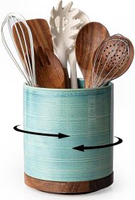 Utensil Holder, 360° Rotating Extra Large Ceramic Kitchen Utensil Holder for Countertop, Cooking Utensil Crocks for Counter with Rotatable Wooden Base