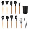 11Pcs Silicone Cooking Utensil Set Heat Resist Wooden Handle Silicone Spatula Turner Ladle Spaghetti Server Tongs - Black [HAWT0G]