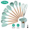 11Pcs Silicone Cooking Utensil Set Heat Resist Wooden Handle Silicone Spatula Turner Ladle Spaghetti Server Tongs - LightGreen [HAWTLW]