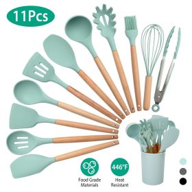 11Pcs Silicone Cooking Utensil Set Heat Resist Wooden Handle Silicone Spatula Turner Ladle Spaghetti Server Tongs - LightGreen [HAWTLW]