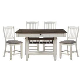Antique White and Rosy-Brown Counter Height Dining 5pc Set Counter Height Table w Storage Display Shelf 4x Drawers Wine Rack and 4x Counter Heigh