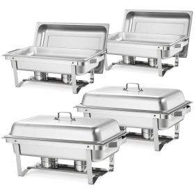 Rectangle Chafing Dish, 9 Qt 4 Pack Stainless Steel Chafing Dish, Food Warmer Chafer Complete Set with Hollow Handle, 2 Food Tongs, Lid, Fuel Hol