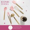Kitchen Set Tool Crock with Silicone Cooking Utensils, Stainless Steel Whisk and Ladle, 7-Piece, Pink and Gold