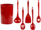 6 Piece Kitchen Utensil Holder for Kitchen Counter, Utensils Crock with Heat Resistant Spoon, Slotted Spoon, Ladle, Spatula BPA Free, Red