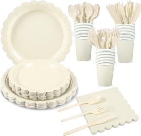 175 Pcs Ivory Paper Plates and Napkins, Beige Party Supplies Include Scalloped Cream Plates Napkin Cup Plastic Cutlery for Wedding, Bridal&Baby Shower