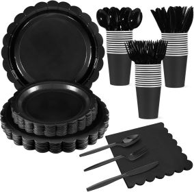 175 Pcs Black Plates and Napkins 25 Guest Black Party Supplies Includes Scalloped Party Plate Napkins Cups Plastic Cutlery for Birthday, New Year