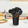 11Pcs Silicone Cooking Utensil Set Heat Resist Wooden Handle Silicone Spatula Turner Ladle Spaghetti Server Tongs - black [H7X1LP]