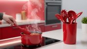 6 Piece Kitchen Utensil Holder for Kitchen Counter, Utensils Crock with Heat Resistant Spoon, Slotted Spoon, Ladle, Spatula BPA Free, Red