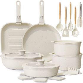 22 Piece Pots and Pans Set Non Stick, Cookware Set with Detachable Handles, Oven Safe, Induction Ready, Stackable RV Kitchen Cooking Set, Cream White