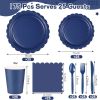 175 Pcs Navy Blue Plates and Napkins, 25 Guest Navy Blue Party Supplies Inlcudes Scalloped Plates Napkins Cups Plastic Cutlery for Birthday, Wedding