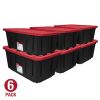 (6 pack) 27 Gallon Large Storage Bin with Snap Lid, Black and Red, Heavy Duty Plastic Storage Container