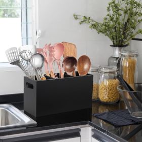 Black Kitchen Utensil Holder for Countertop - Wooden Large Utensil Caddy Organizer for Counter - 3 Compartment Cooking Utensil Crock for Silverware Sp
