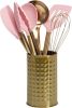 Kitchen Set Tool Crock with Silicone Cooking Utensils, Stainless Steel Whisk and Ladle, 7-Piece, Pink and Gold