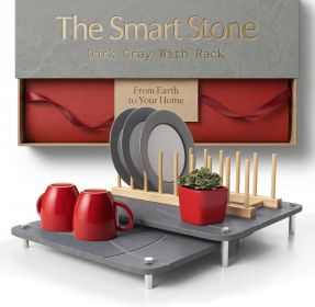 Nested Dish Drying Stone Mat with Bamboo Rack | 2 Pcs Diatomaceous Earth Stone Drying Mats for Kitchen Counter with Non-Slip Feet | Collapsible Large