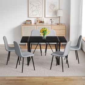 Table and Chair Set. A 55-Inch minimalist retro rectangular dining table with a black textured top.Paired with 6 Light Gray Linen-Cotton Material High