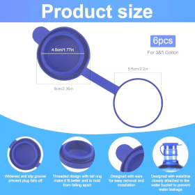 6Pcs Outdoor 3/5 Gallon Water Bottle Caps, Food Grade Silicone Replacement Lids with 3-Layer Sealing, Leak-Proof Odorless Jug Caps for Camping, Picnic