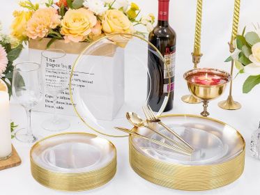 EI 180pcs Gold Plastic Plates,Clear Plates with Gold Trim,Plastic Plate for Party,Clear Dinnerware Set Silverware Cups for Baby Shower,Wedding