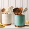 Utensil Holder, 360° Rotating Extra Large Ceramic Kitchen Utensil Holder for Countertop, Cooking Utensil Crocks for Counter with Rotatable Wooden Base