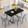 Table and Chair Set. A 55-Inch minimalist retro rectangular dining table with a black textured top.Paired with 6 Light Gray Linen-Cotton Material High