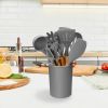 11Pcs Silicone Cooking Utensil Set Heat Resist Wooden Handle Silicone Spatula Turner Ladle Spaghetti Server Tongs - Grey [H7X1LJ]