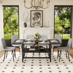Table and chair set.71*35.4 inch Black Grain Spliced Dining Table With Storage Function In The Middle Of The Table Legs.Paired with 6 Light Gray Linen