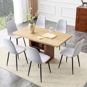 Scalable dining table and chair set, 59-71 inch pull-out table,6-piece set of Light Gray Linen-Cotton Material chairs